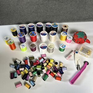 Sewing Thread Spools Various Colors and Sizes Lot of Thread 70+ Pins Cushion